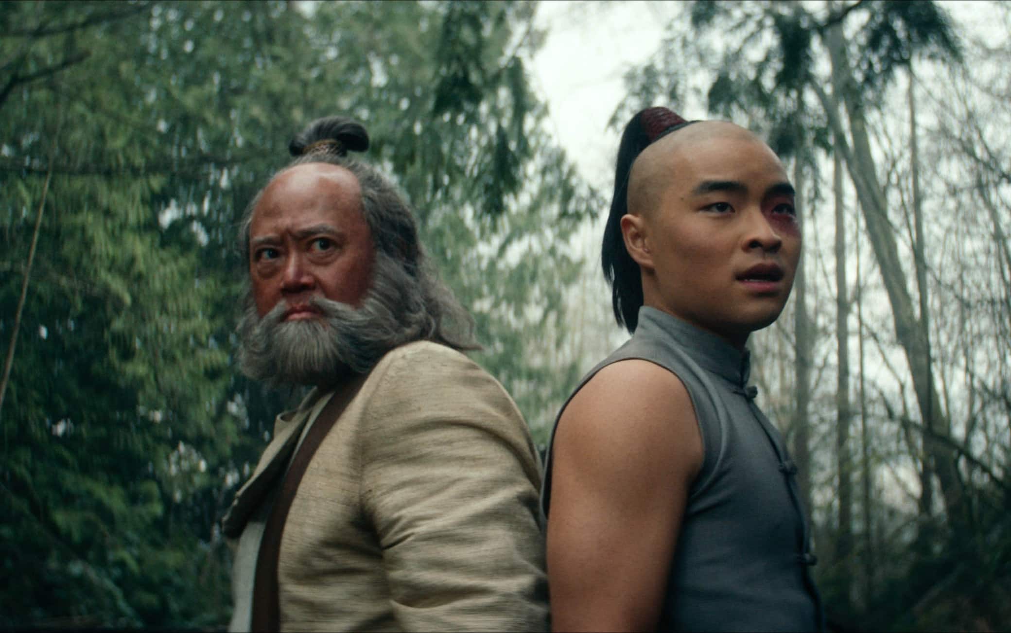 Avatar: The Last Airbender. (L to R) Paul Sun-Hyung Lee as Iroh, Dallas Liu as Prince Zuko in season 1 of Avatar: The Last Airbender. Cr. Courtesy of Netflix © 2023