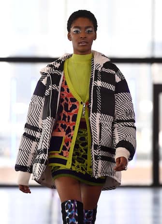LONDON, ENGLAND - FEBRUARY 15: In this photo released on February 19, 2021, A model walks the runway during the Mark Fast show during London Fashion Week February 2021 at MAGAZINE Ordnance Crescent on February 15, 2021 in London, England. (Photo by Jeff Spicer/BFC/Getty Images)