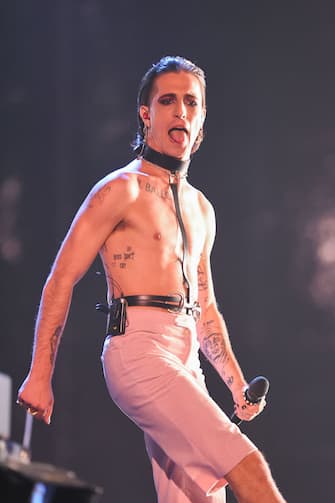 PARIS, FRANCE - SEPTEMBER 25: Damiano David of the Maneskin, performs at the Global Citizen Live, Paris on September 25, 2021 in Paris, France. (Photo by Stephane Cardinale - Corbis/Corbis via Getty Images)