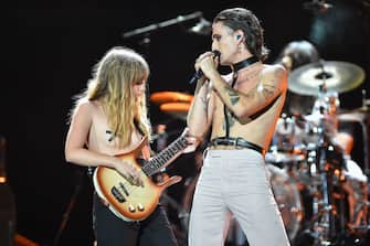 PARIS, FRANCE - SEPTEMBER 25:  Damiano David and Victoria De Angelis of the Maneskin, perform at  the Global Citizen Live, Paris on September 25, 2021 in Paris, France. (Photo by Stephane Cardinale - Corbis/Corbis via Getty Images)