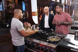 MASTERCHEF: L-R: Contestant with judges Aarón Sánchez and Joe Bastianich in the “Legends: Paula Dean - Auditions Round 3” airing Wednesday, June 16 (8:00-9:00 PM ET/PT) on FOX. © 2019 FOX MEDIA LLC. CR: FOX.                               