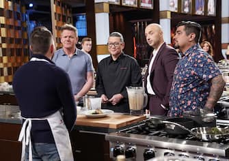 MASTERCHEF: Contestant Alejandro with chef/host Gordon Ramsay, guest judge Chef Morimoto and judges Aarón Sánchez and Joe Bastianich in the “Legends: Chef Morimoto” episode airing Wednesday, June 23 (8:00-9:00 PM ET/PT) on FOX. © 2019 FOX MEDIA LLC. CR: FOX.