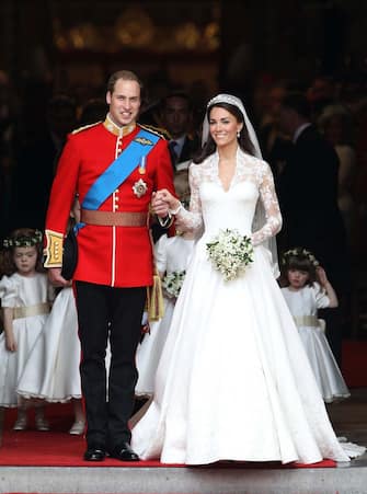 LONDON, ENGLAND - APRIL 29:  TRH Prince William, Duke of Cambridge and Catherine, Duchess of Cambridge smile following their marriage at Westminster Abbey on April 29, 2011 in London, England. The marriage of the second in line to the British throne was led by the Archbishop of Canterbury and was attended by 1900 guests, including foreign Royal family members and heads of state. Thousands of well-wishers from around the world have also flocked to London to witness the spectacle and pageantry of the Royal Wedding.  (Photo by Chris Jackson/Getty Images)