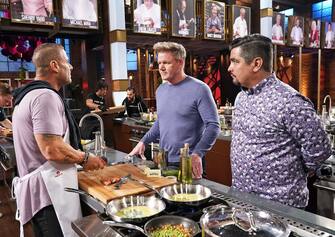 MASTERCHEF: L-R: Contestant Michael with chef/host Gordon Ramsay and judge Aarón Sánchez in the “Nancy Silverton Pasta Challenge” airing Wednesday, July 14 (8:00-9:00 PM ET/PT) on FOX. © 2021 FOX MEDIA LLC. CR: FOX.