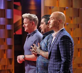 MASTERCHEF: L-R: Chef/Judge Gordon Ramsay with judges Aarón Sánchez and Joe Bastianich in the “Ludo Lefebvre - Timed Out Mystery Box” airing Wednesday, Sept 1 (8:00-9:00 PM ET/PT) on FOX. © 2021 FOX MEDIA LLC. CR: FOX.