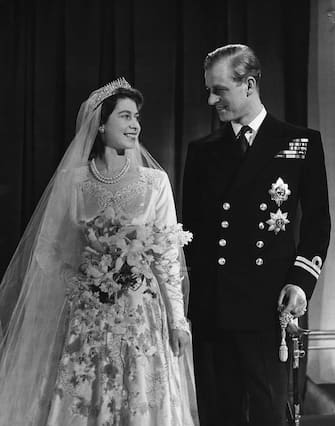 Princess Elizabeth, later Queen Elizabeth II with her husband Phillip, Duke of Edinburgh, on their wedding day, 20th November 1947. (Photo by Â © Hulton-Deutsch Collection / CORBIS / Corbis via Getty Images)