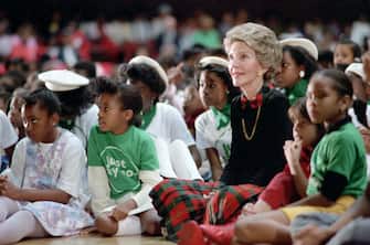 11/26/1985 Nancy Reagan attending a "Just Say No" rally with children at Kaiser Arena in Oakland California