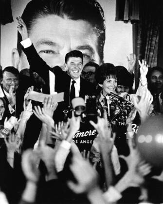 11/8/1966 Ronald Reagan and Nancy Reagan at Victory celebration for 1966 Governor's election at the Biltmore Hotel in Los Angeles California