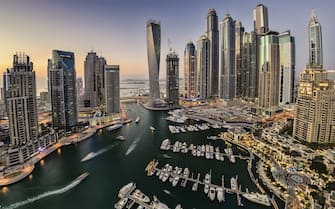 Aerial view of Dubai Marina in the evening.