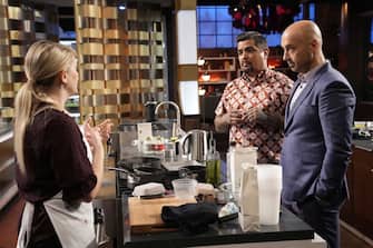 MASTERCHEF: L-R:  Contestant Emily with Joe Bastianich and Aaron Sanchez in the special 2-hour ”Semi Final / Finale Pt. 1” episode of MASTERCHEF airing Wednesday, Sep. 7 (8:00-10:00 PM ET/PT) on FOX. © 2022 FOX MEDIA LLC. CR: FOX.