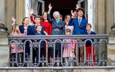 COPENHAGEN, DENMARK - APRIL 16: Queen Margrethe of Denmark, Crown Princess Mary of Denmark, Prince Christian of Denmark, Princess Isabella of Denmark, Prince Vincent of Denmark, Princess Josephine, Prince Joachim of Denmark, Princess Marie of Denmark, Prince Nikolai of Denmark, Prince Felix of Denmark, Prince Henrik of Denmark and Princess Athena of Denmark pose on the balcony of Amalienborg palace during the Danish Queen's 78th Birthday celebrations on April 16, 2018 in Copenhagen, Denmark. (Photo by Patrick van Katwijk/Getty Images)