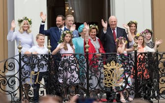 542660194 TRONDHEIM, NORWAY - JUNE 23: Crown Princess Mette-Marit of Norway, Prince Sverre Magnus of Norway, Crown Prince Haakon of Norway, Princess Ingrid Alexandra of Norway, Marius Borg Hoiby, Princess Astrid of Norway, Queen Sonja of Norway, King Harald V of Norway, Emma Tallulah Behn, Princess Martha Louise of Norway, Leah Isadora Behn and Maud Angelica Behn attend a garden party during the Royal Silver Jubilee Tour on June 23, 2016 in Trondheim, Norway. (Photo by Ragnar Singsaas/Getty Images)