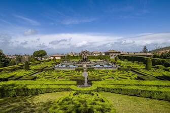 BAGNAIA, LAZIO, ITALY - 2019/04/23: Panoramic view of Villa Lante, a beautiful garden with cascades, fountains and trimmed hedges. (Photo by Frank Bienewald/LightRocket via Getty Images)