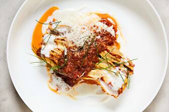 1229600050 FREDERICK, MD - NOVEMBER 5: Lasagne with Smoked Brisket Bolognese, Ricotta Fondue and Parmigiano Reggiano at Thatcher & Rye photographed in Frederick, MD on November 5, 2020. (Photo by Deb Lindsey for The Washington Post via Getty Images).