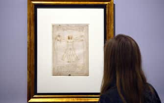 178322651 A woman looks at the "Vitruvian Man" a drawing by Leonardo da Vinci, on August 2ç, 2013 in Venice. Fifty-two drawings by Renaissance genius Leonardo da Vinci are going on show in Venice from Thursday, including the famous but rarely-seen Vitruvian Man charting the ideal proportions of the human body. The show in the city's Galleria dell'Academia displays works from the museum's own archives as well as from the collections of the British Royal Family, the Ashmolean Museum, the British Museum and the Louvre. AFP PHOTO / GABRIEL BOUYS (Photo credit should read GABRIEL BOUYS/AFP via Getty Images)