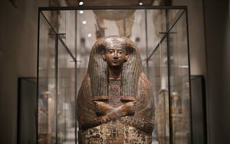468201174 An Egyptian sarcophagus is displayed at the Museu Egizio (Egyptian Museum) in Turin, the only museum other than the Cairo Museum that is dedicated solely to ancient Egypt art and culture on March 31, 2015. The museum unveiled its expanded and renovated premises on March 31, after being closed for for five years. AFP PHOTO / MARCO BERTORELLO (Photo credit should read MARCO BERTORELLO/AFP via Getty Images)