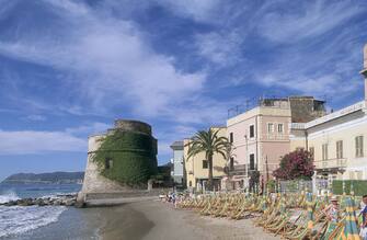945779024 TOWER AND BEACH, ALASSIO, RIVIERA DI PONENTE, LIGURIA, ITALY. (Photo by Wojtek BUSS /Gamma-Rapho via Getty Images)