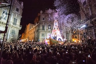 1156075889 On July 14, 2019 Palermo celebrated the patron saint of the city, Santa Rosalia. History says that in 1625 the Saint saved Palermo from the plague. Every year the festivities begin on 8 July and end on 15 July.
On 14 July there is a party, with theatrical and musical performances and where all the civil and religious authorities participate, along with all of Palermo. (Photo by Francesco Militello Mirto/NurPhoto via Getty Images)