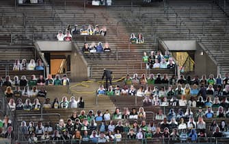 Cardboard cut-outs with portraits of Borussia Moenchegladbach's supporters are seen at the Borussia Park football stadium in Moenchengladbach, western Germany, on April 16, 2020, amid the novel coronavirus COVID-19 pandemic. - Large-scale public events such as football matches will remain banned in Germany until August 31 due to the coronavirus crisis, Berlin said on Wednesday, April 15, 2020, though it did not rule out allowing Bundesliga games to continue behind closed doors. (Photo by Ina FASSBENDER / AFP) (Photo by INA FASSBENDER/AFP via Getty Images)