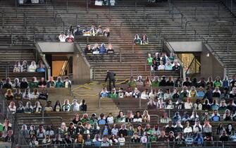 1210092757 Cardboard cut-outs with portraits of Borussia Moenchegladbach's supporters are seen at the Borussia Park football stadium in Moenchengladbach, western Germany, on April 16, 2020, amid the novel coronavirus COVID-19 pandemic. - Large-scale public events such as football matches will remain banned in Germany until August 31 due to the coronavirus crisis, Berlin said on Wednesday, April 15, 2020, though it did not rule out allowing Bundesliga games to continue behind closed doors. (Photo by Ina FASSBENDER / AFP) (Photo by INA FASSBENDER/AFP via Getty Images)