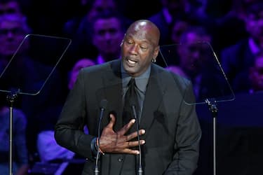 LOS ANGELES, CALIFORNIA - FEBRUARY 24: Michael Jordan speaks during The Celebration of Life for Kobe & Gianna Bryant at Staples Center on February 24, 2020 in Los Angeles, California. (Photo by Kevork Djansezian/Getty Images)