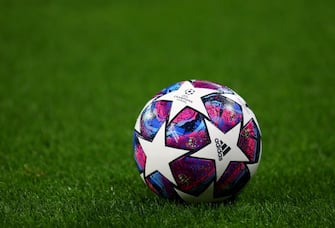 LYON, FRANCE - FEBRUARY 26: View of the Adidas UCL Finale match ball during the UEFA Champions League round of 16 first leg match between Olympique Lyon and Juventus at Parc Olympique on February 26, 2020 in Lyon, France. (Photo by Catherine Ivill/Getty Images)