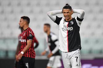 1219613299 TURIN, ITALY - JUNE 12: Cristiano Ronaldo of Juventus reacts during the Coppa Italia Semi-Final Second Leg match between Juventus and AC Milan at Allianz Stadium on June 12, 2020 in Turin, Italy. (Photo by Valerio Pennicino/Getty Images)