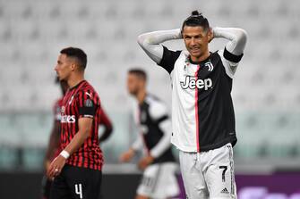 TURIN, ITALY - JUNE 12:  Cristiano Ronaldo of Juventus reacts during the Coppa Italia Semi-Final Second Leg match between Juventus and AC Milan at Allianz Stadium on June 12, 2020 in Turin, Italy.  (Photo by Valerio Pennicino/Getty Images)