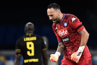 Napoli's Colombian goalkeeper David Ospina reacts after Napoli scored an equalizer during the Italian Cup (Coppa Italia) semi-final second leg football match Napoli vs Inter Milan on June 13, 2020 at the San Paolo stadium in Naples, played behind closed doors as the country gradually eases its lockdown aimed at curbing the spread of the COVID-19 infection, caused by the novel coronavirus. (Photo by Filippo MONTEFORTE / AFP) (Photo by FILIPPO MONTEFORTE/AFP via Getty Images)