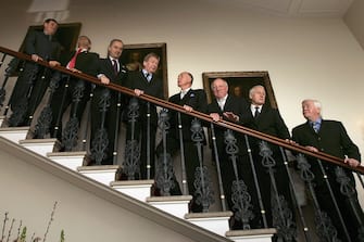 LONDON - MARCH 21:  Former German footballers, (L-R) Siegfried Held, Wolfgang Weber, ambassador Hans Henning Blomeier-Bartenstein, Karl Heinz Schnellinger, Willi Schulz, Uwe Seeler, Hans Tilkowski, Helmut Haller who played in the 1966 World Cup final, attends the Heroes '66 Reception as part of a series of events hosted by the German Embassy commemorating 40 years since England won the Jules Rimet trophy, at The German Ambassador's residence, Belgrave Square on March 21, 2006 in London, England.   (Photo by Bruno Vincent/Getty Images)