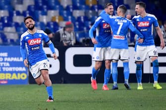 Napoli's Italian forward Lorenzo Insigne (L) celebrates after scoring during the Italian Serie A football match Napoli vs Juventus on January 26, 2020 at the San Paolo stadium in Naples. (Photo by Alberto PIZZOLI / AFP) (Photo by ALBERTO PIZZOLI/AFP via Getty Images)