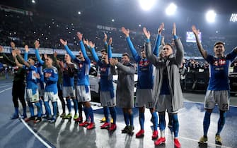 NAPLES, ITALY - JANUARY 26: Players of SSC Napoli celebrates for the victory ,during the Serie A match between SSC Napoli and  Juventus at Stadio San Paolo on January 26, 2020 in Naples, Italy. (Photo by MB Media/Getty Images)