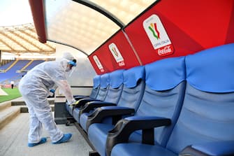 ROME, ITALY - JUNE 17: The team dugouts are sanitized prior to the Coppa Italia Final match between Juventus and SSC Napoli winner at Olimpico Stadium on June 17, 2020 in Rome, Italy.  (Photo by Marco Rosi/Getty Images)