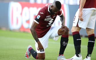 Torino FC's Cameroonian defender Nicolas Nkoulou takes the knee after scoring to give the side a 1-0 lead during the Serie A match at Stadio Grande Torino, Turin. Picture date: 20th June 2020. Picture credit should read: Jonathan Moscrop/Sportimage
