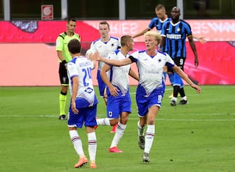 SampdoriaÕs Morten Thorsby (R) jubilates after scoring goal of 2 to 1 during the Italian serie A soccer match  Fc Inter and Uc Sampdoria  at Giuseppe Meazza stadium in Milan 21 June  2020.
ANSA / MATTEO BAZZI