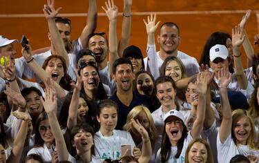 BELGRADE, SERBIA - JUNE 14: Novak Djokovic of Serbia posing for photographers with tournament volunteers on June 14, during the 3rd day of Summer Adria Tour, 2020 in Belgrade, Serbia. (Photo by Nikola Krstic/MB Media/Getty Images)