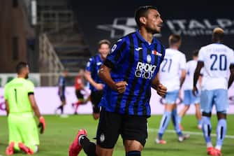 Atalanta's Argentinian defender Jose Luis Palomino celebrates after scoring during the Italian Serie A football match Atalanta vs Lazio played on June 24, 2020 behind closed doors at the Atleti Azzurri d'Italia stadium in Bergamo, as the country eases its lockdown aimed at curbing the spread of the COVID-19 infection, caused by the novel coronavirus. (Photo by Miguel MEDINA / AFP) (Photo by MIGUEL MEDINA/AFP via Getty Images)