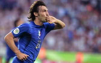 Italian midfielder Andrea Pirlo reacts after scoring during the FIFA World Cup 2006 group E football match Italy vs Ghana, 12 June 2006 at Hannover stadium.    AFP PHOTO/ MICHAEL URBAN (Photo credit should read MICHAEL URBAN/AFP via Getty Images)