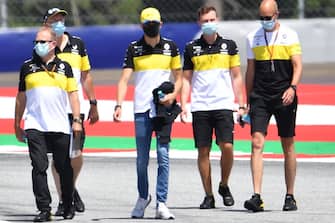 Renault's French driver Esteban Ocon (3rd R) inspects the track on July 2, 2020, on the eve of the first practice session at the Austrian Formula One Grand Prix in Spielberg, Austria. - Seven months after they last competed in earnest, the Formula One circus will push a post-lockdown re-set button to open the 2020 season in Austria on July 5. (Photo by JOE KLAMAR / AFP) (Photo by JOE KLAMAR/AFP via Getty Images)