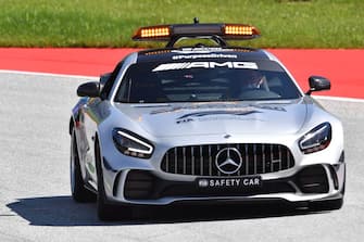 A safety car tests the track on July 2, 2020, on the eve of the first practice session at the Austrian Formula One Grand Prix in Spielberg, Austria. - Seven months after they last competed in earnest, the Formula One circus will push a post-lockdown re-set button to open the 2020 season in Austria on July 5. (Photo by JOE KLAMAR / AFP) (Photo by JOE KLAMAR/AFP via Getty Images)