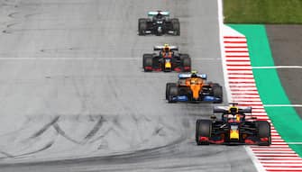 Red Bull's Dutch driver Max Verstappen (front) steers his car during the Austrian Formula One Grand Prix race on July 5, 2020 in Spielberg, Austria. (Photo by Mark Thompson / POOL / AFP) (Photo by MARK THOMPSON/POOL/AFP via Getty Images)