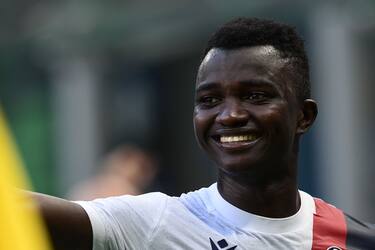 Bologna's Gambian midfielder Musa Juwara smiles after winning the Italian Serie A football match between Inter Milan and Bologna played behind closed doors on July 5, 2020 at the Giuseppe-Meazza San Siro stadium in Milan. (Photo by MIGUEL MEDINA / AFP) (Photo by MIGUEL MEDINA/AFP via Getty Images)