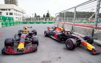 BAKU, AZERBAIJAN - APRIL 29:  Max Verstappen of Red Bull Racing and The Netherlands and Daniel Ricciardo of Australia and Red Bull Racing car's after their crash during the Azerbaijan Formula One Grand Prix at Baku City Circuit on April 29, 2018 in Baku, Azerbaijan.  (Photo by Peter J Fox/Getty Images)