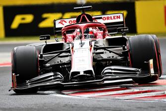 Alfa Romeo's Finnish driver Kimi Raikkonen steers his car during the qualifying session for the Formula One Hungarian Grand Prix at the Hungaroring circuit in Mogyorod near Budapest, Hungary, on July 18, 2020. (Photo by Joe Klamar / various sources / AFP) (Photo by JOE KLAMAR/POOL/AFP via Getty Images)