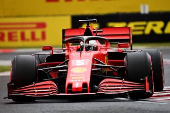 Ferrari's German driver Sebastian Vettel steers his car during the qualifying session for the Formula One Hungarian Grand Prix at the Hungaroring circuit in Mogyorod near Budapest, Hungary, on July 18, 2020. (Photo by Joe Klamar / various sources / AFP) (Photo by JOE KLAMAR/POOL/AFP via Getty Images)