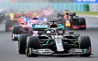 Mercedes' British driver Lewis Hamilton leads the start of the Formula One Hungarian Grand Prix race at the Hungaroring circuit in Mogyorod near Budapest, Hungary, on July 19, 2020. (Photo by Joe Klamar / various sources / AFP) (Photo by JOE KLAMAR/POOL/AFP via Getty Images)