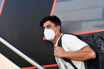 JEREZ DE LA FRONTERA, SPAIN - JULY 23: Marc Marquez of Spain and Repsol Honda Team  arrives in his motorhome in paddock  after surgery on Tuesday in Barcelona during the MotoGP of Andalucia - Previews at Circuito de Jerez on July 23, 2020 in Jerez de la Frontera, Spain. (Photo by Mirco Lazzari gp/Getty Images)