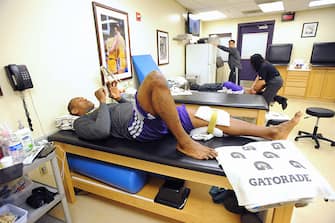 LOS ANGELES, CA - APRIL 12: Metta World Peace #15 of the Los Angeles Lakers ices his knee in the training room before playing against the Golden State Warriors at Staples Center on April 12, 2013 in Los Angeles, California. NOTE TO USER: User expressly acknowledges and agrees that, by downloading and/or using this Photograph, user is consenting to the terms and conditions of the Getty Images License Agreement. Mandatory Copyright Notice: Copyright 2013 NBAE (Photo by Andrew D. Bernstein/NBAE via Getty Images)