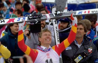 28 Feb 1988:  Pirmin Zurbriggen of Switzerland raises his skies aloft after the Mens Downhill event at the 1988 Winter Olympic Games in Calgary, Canada. Zurbriggen won the gold medal with a time of 1:59.63 minutes. \ Mandatory Credit: Allsport UK /Allsport