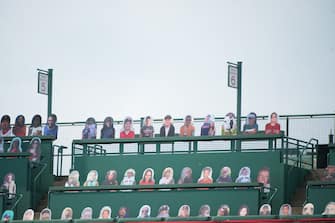 BOSTON, MA - JULY 24: Cardboard cut outs of fans sitting in the Green Monster on Opening Day at Fenway Park on July 24, 2020 in Boston, Massachusetts. The 2020 season had been postponed since March due to the COVID-19 pandemic. (Photo by Kathryn Riley/Getty Images)